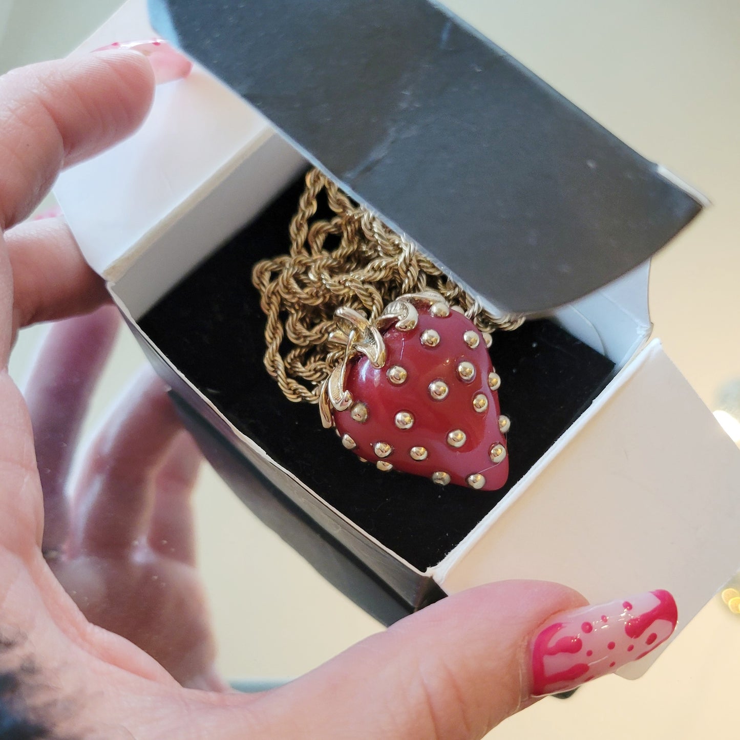 Iconic Kenneth Jay Lane Strawberry Necklace Deadstock NIB Collectible Avon Signed Lucite Studded Necklace