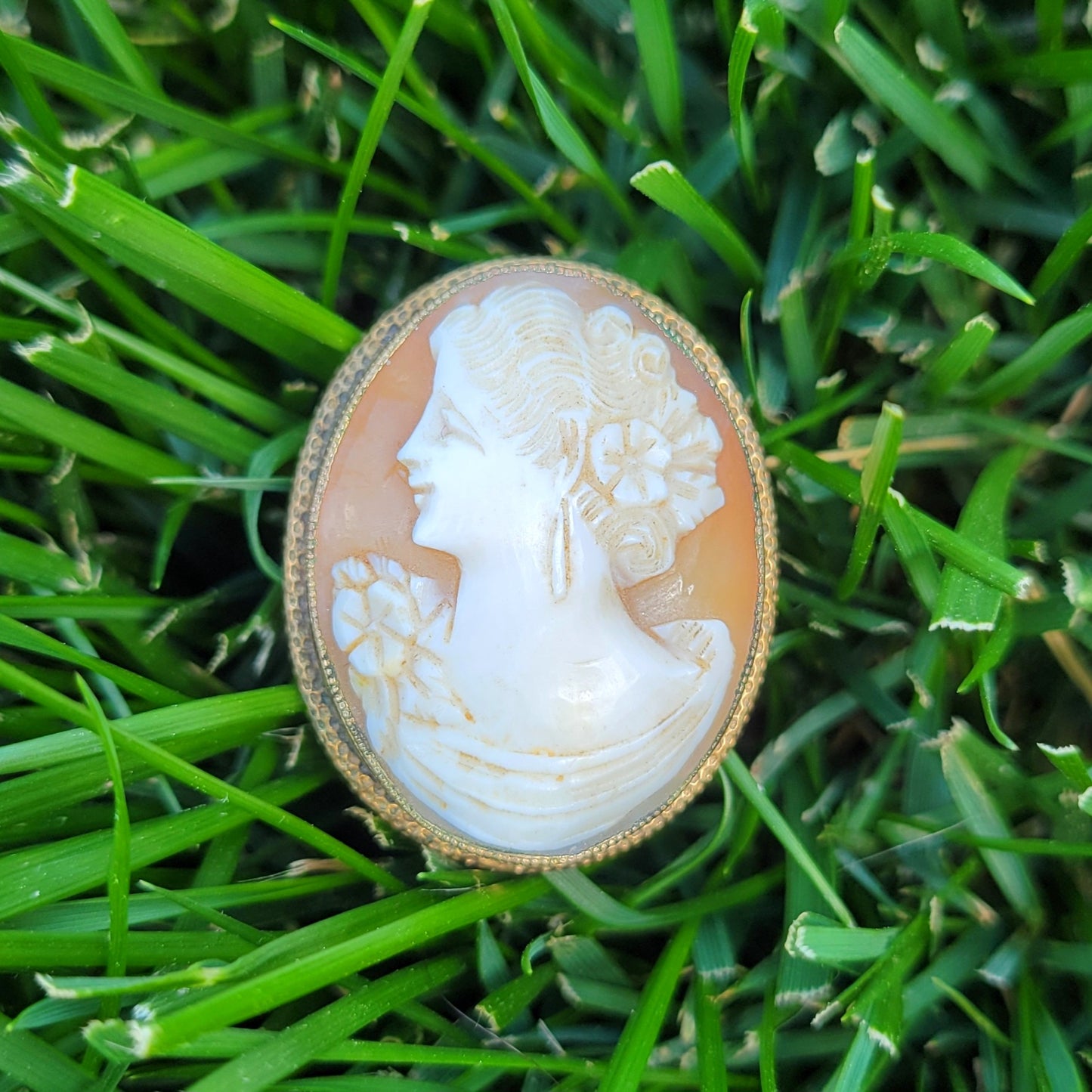 Vintage 40s Carved Shell Cameo Brooch 1/20 10k Gold Filled Signed Amco