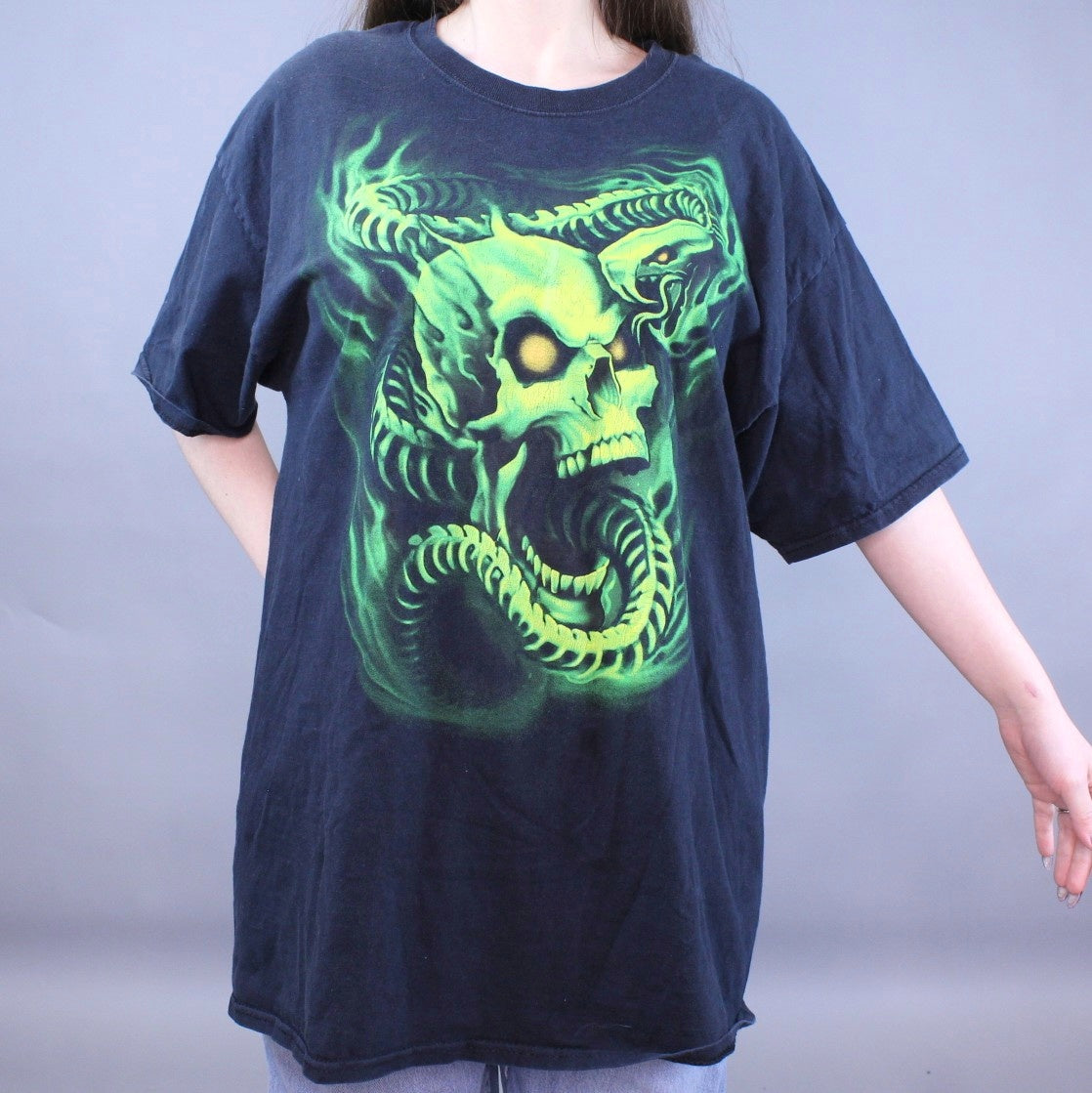 Vintage Y2k Neon Skull Snake T-shirt Biker Goth Grunge Streetwear