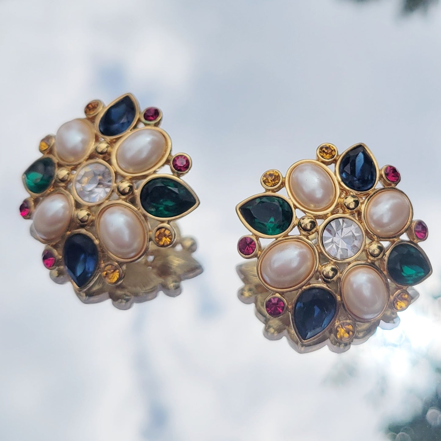 Vintage 80s Monet Faux Pearl and Gem Maltese Cross Look Glam Earrings