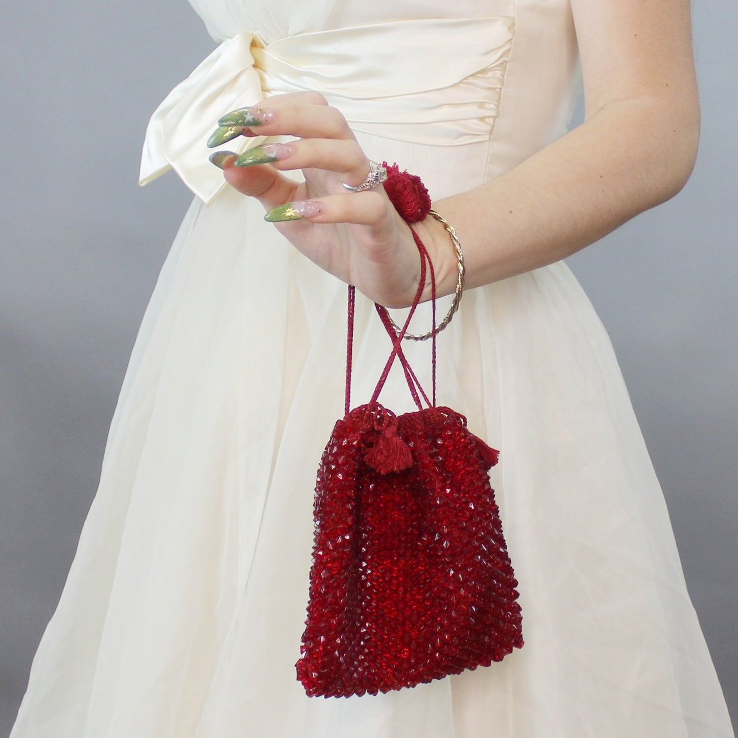 Vintage 30s Ruby Red Glass Beaded Reticule Pouch Purse