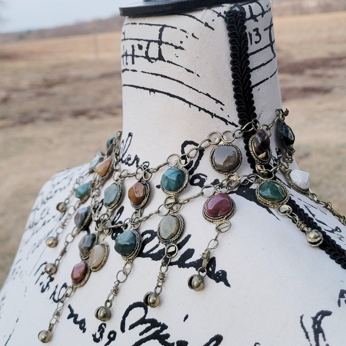 Vintage 70s Bib Necklace 24 Stone Jasper Egyptian Revival Bell Necklace