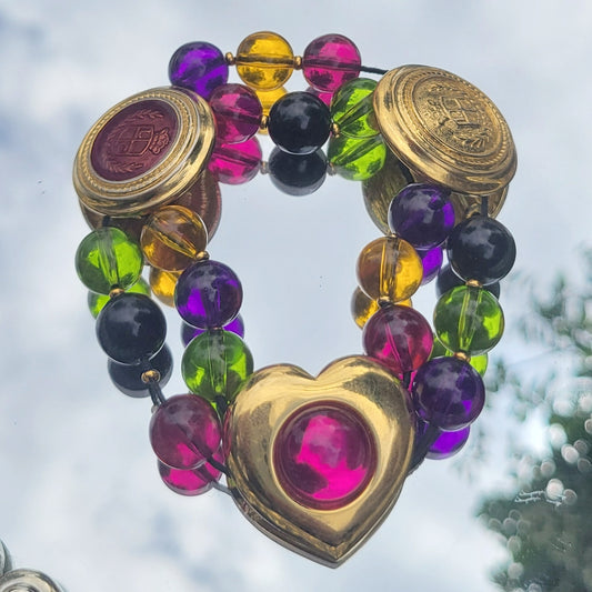 Vintage 80s Funky Colorful Beaded Bracelet with Heart and Liz Claiborne Crest Charms
