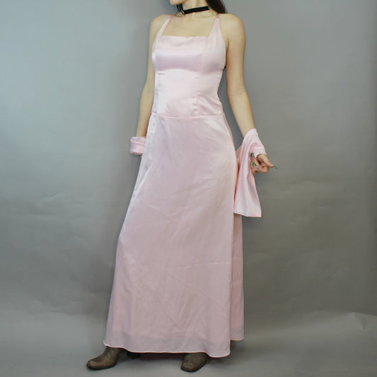 Vintage 90s Pink Satin Prom Dress with Matching Scarf