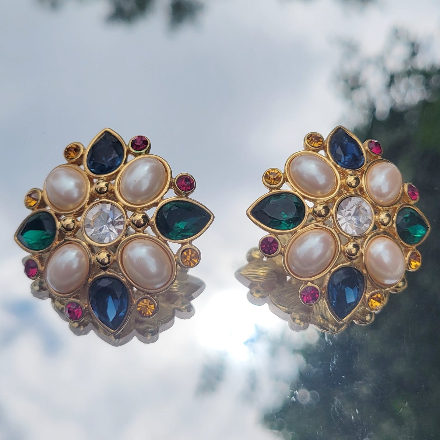 Vintage 80s Monet Faux Pearl and Gem Maltese Cross Look Glam Earrings