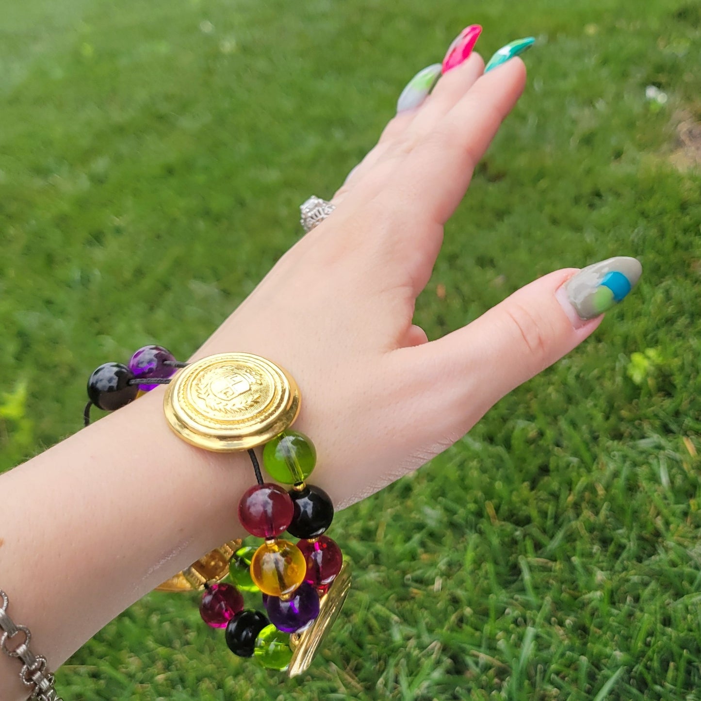 Vintage 80s Funky Colorful Beaded Bracelet with Heart and Liz Claiborne Crest Charms