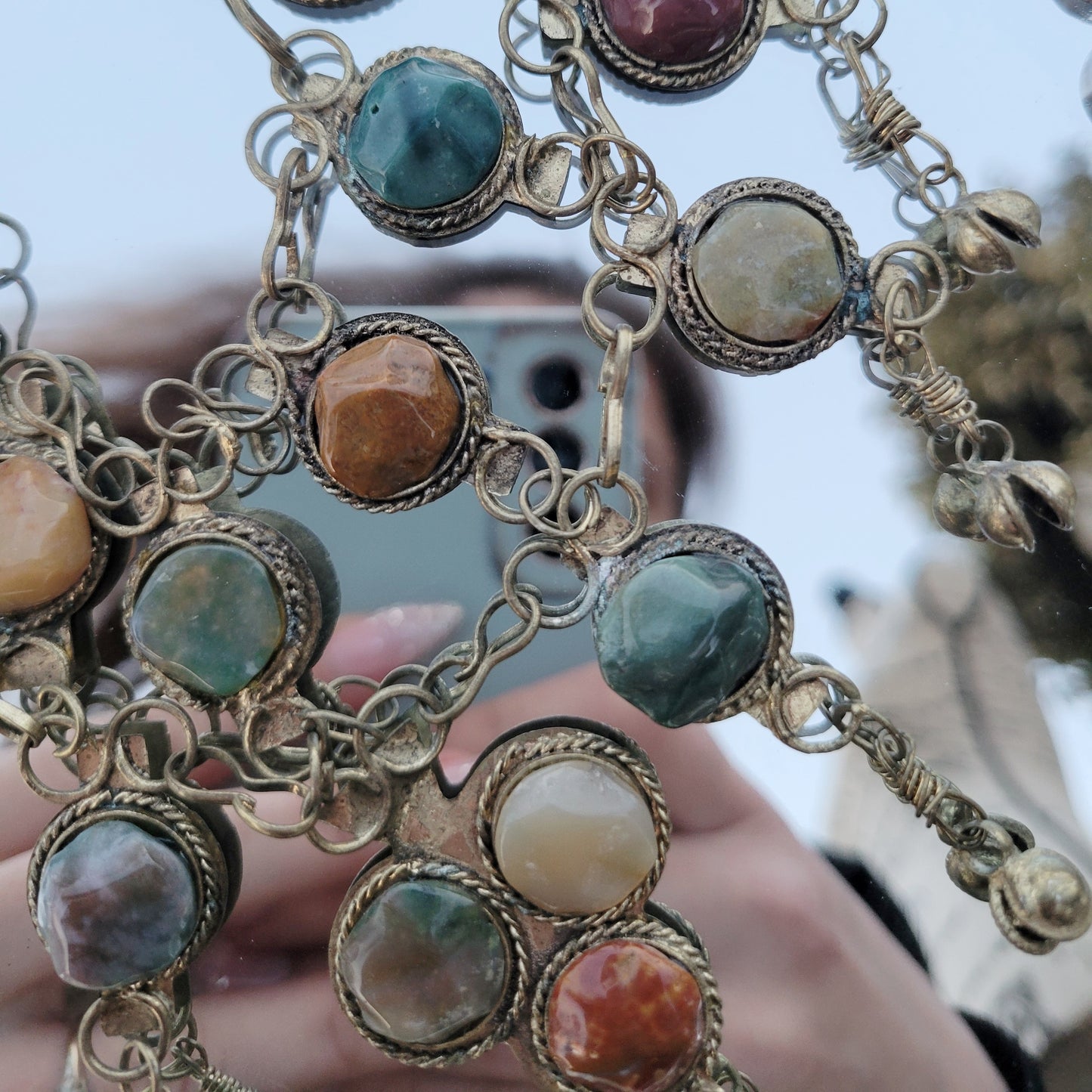Vintage 70s Bib Necklace 24 Stone Jasper Egyptian Revival Bell Necklace