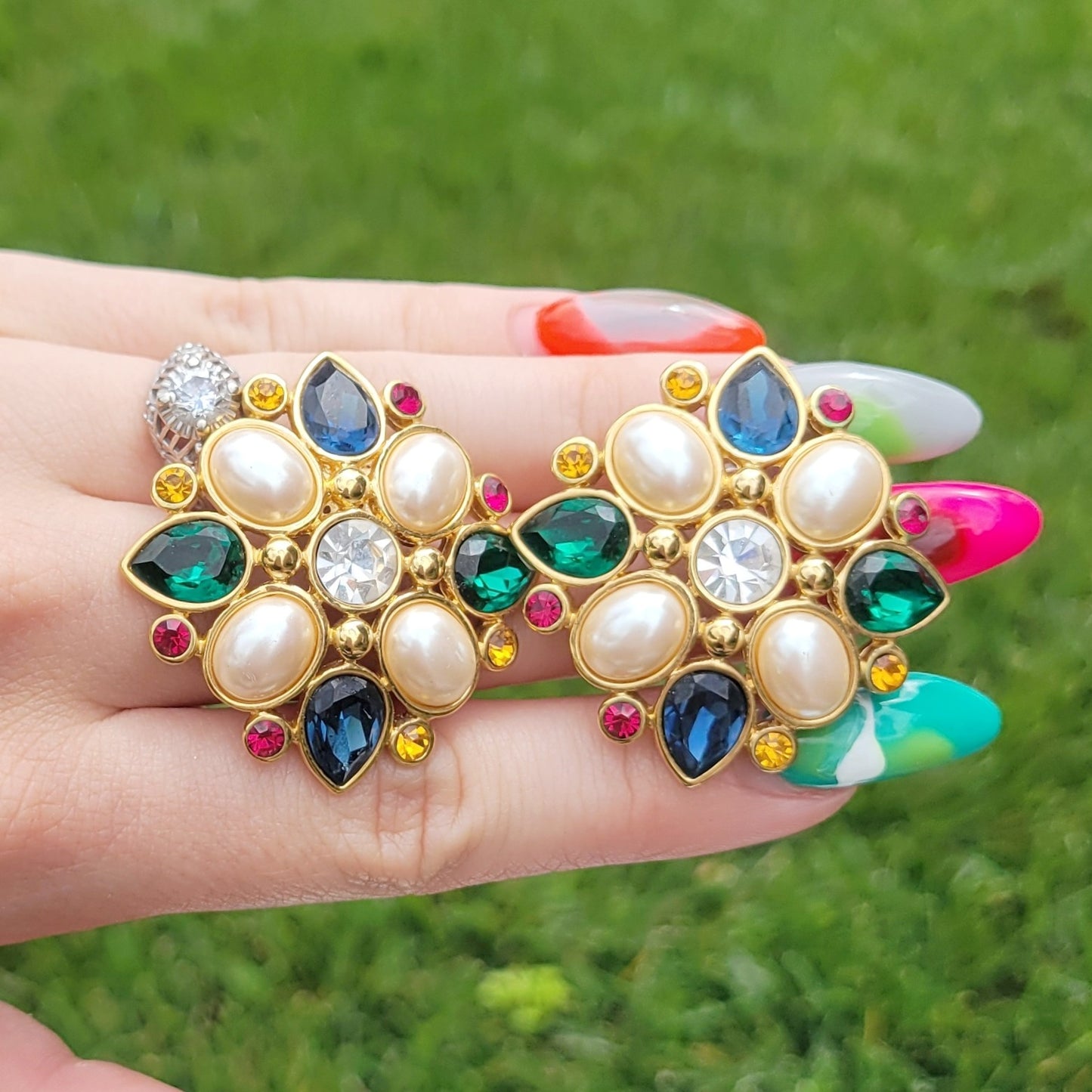 Vintage 80s Monet Faux Pearl and Gem Maltese Cross Look Glam Earrings