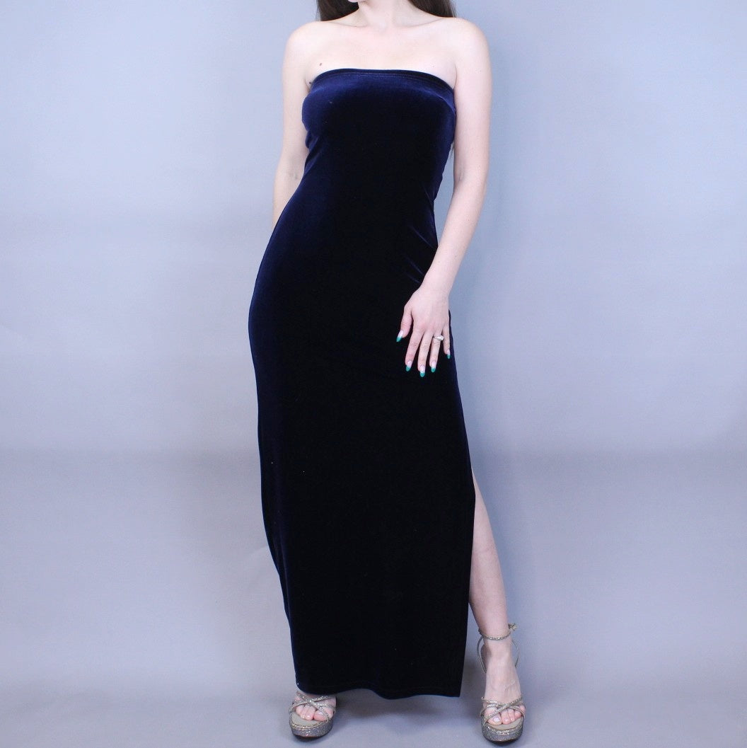 Vintage Y2k Blue Velvet Maxi Dress with Side Slit by Jessica McClintoc Odd Faery Vintage Y2k Blue Velvet Maxi Dress with Side Slit by Jessica McClintoc Odd Faery