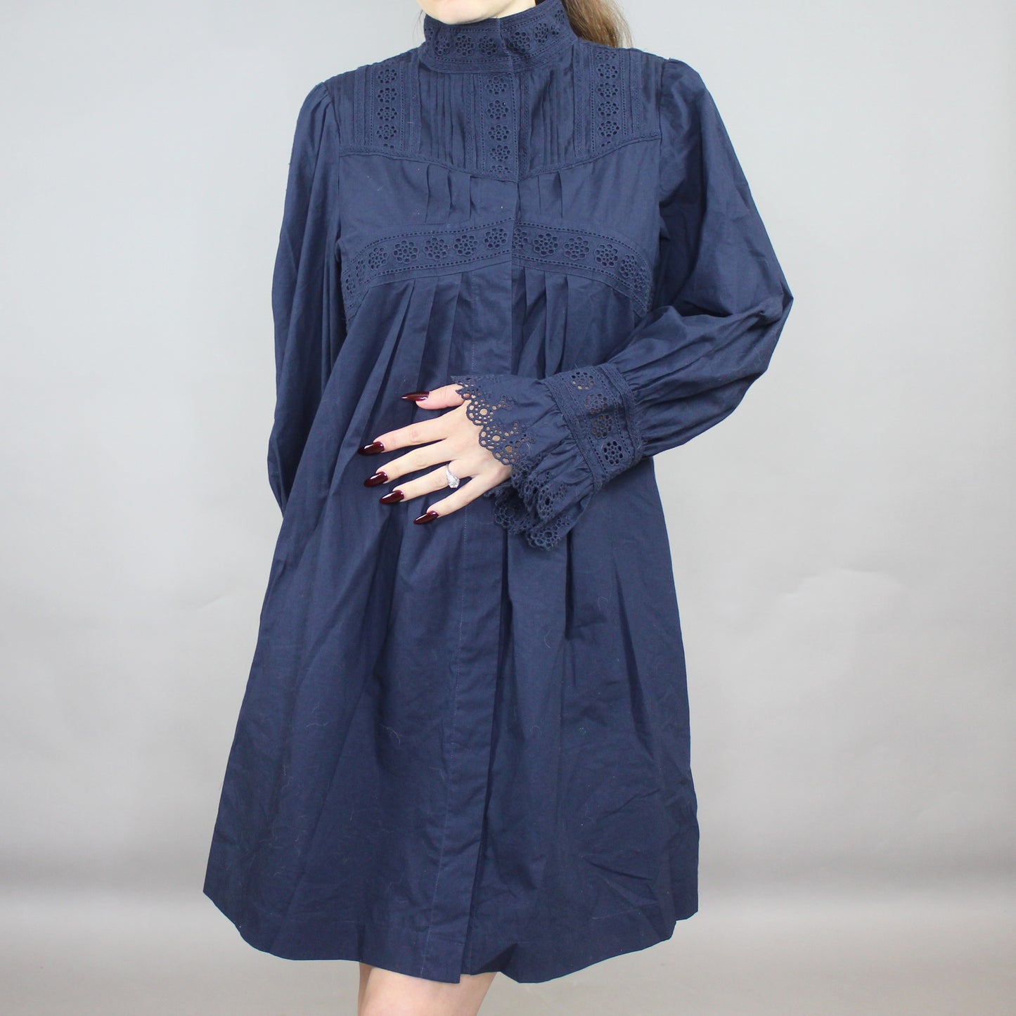 Victorian Style Rebecca Taylor Mock Neck Poplin Lace Applique Shift Dress