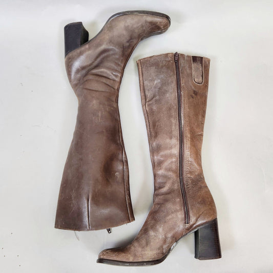 Vintage 90s Knee High Brown Leather Heeled Boots by Nine West