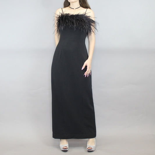Vintage 90s Ostrich Feather Evening Gown Prom Dress by Alex Evenings