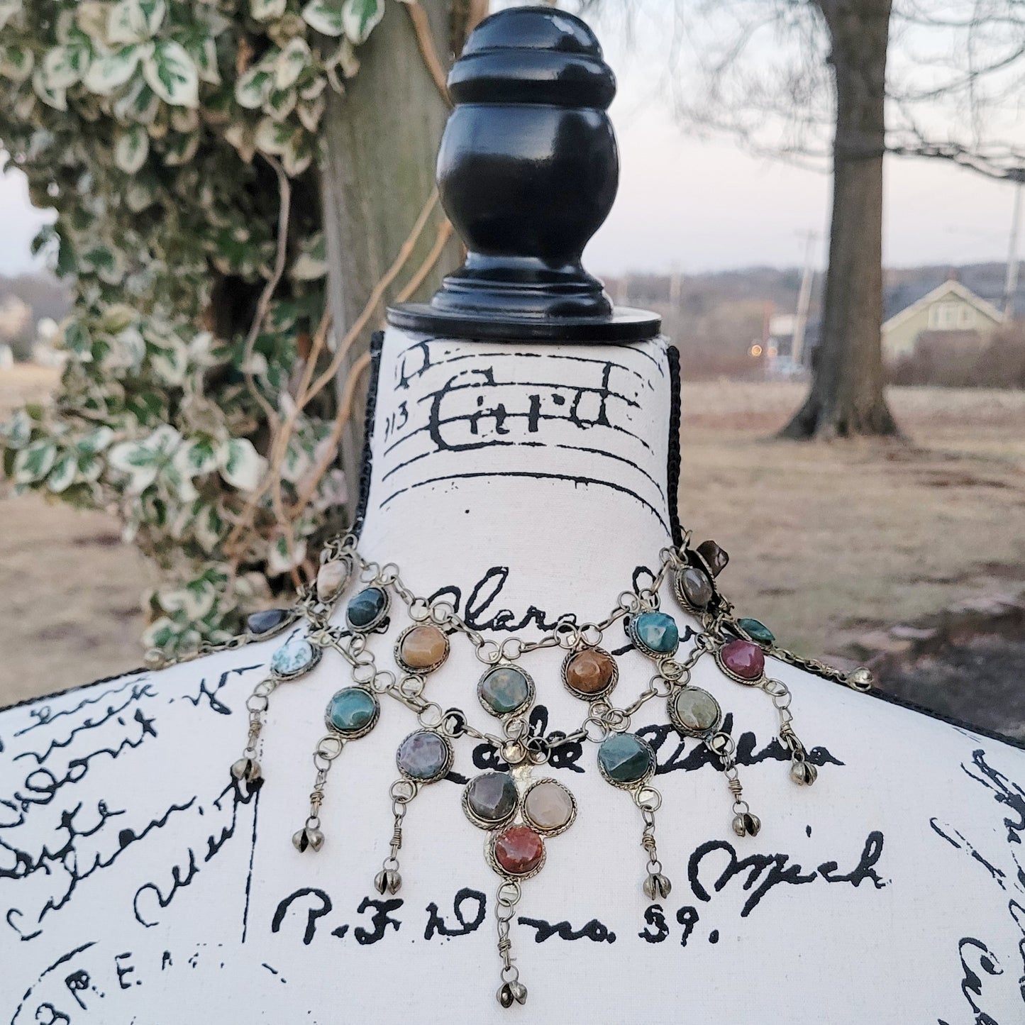Vintage 70s Bib Necklace 24 Stone Jasper Egyptian Revival Bell Necklace