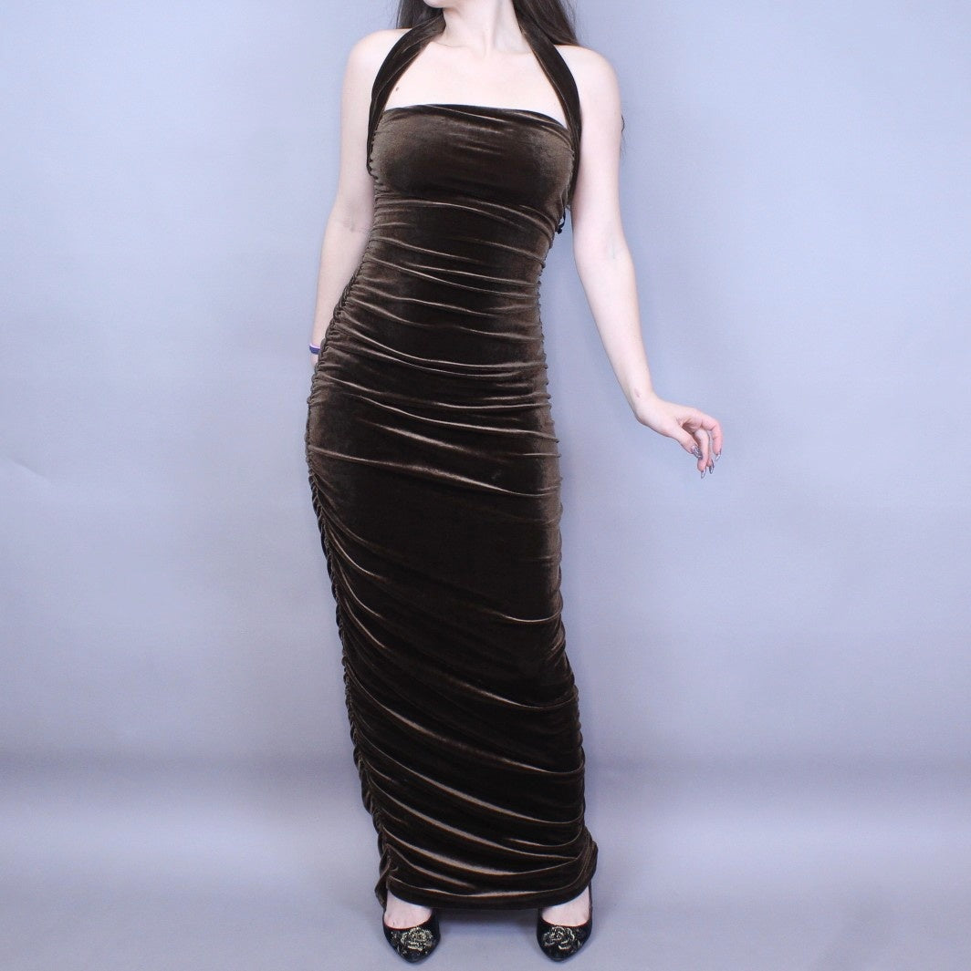 Vintage 90s Brown Velvet Evening Gown by Hugo Buscati Collection