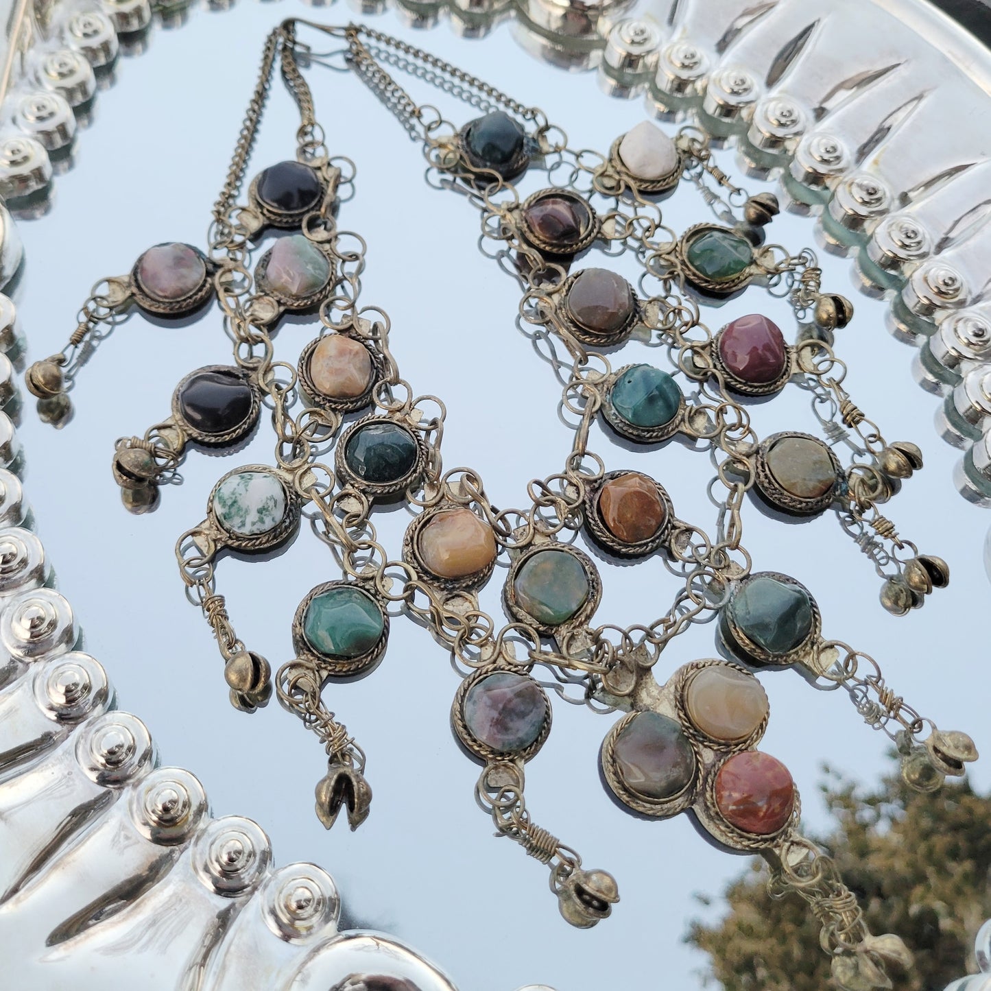 Vintage 70s Bib Necklace 24 Stone Jasper Egyptian Revival Bell Necklace