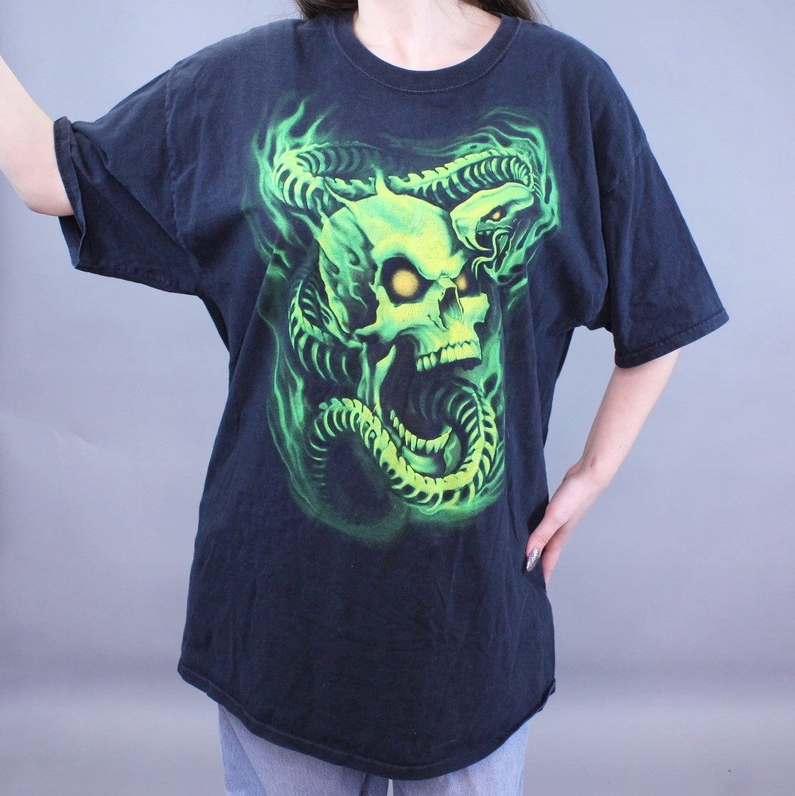 Vintage Y2k Neon Skull Snake T-shirt Biker Goth Grunge Streetwear