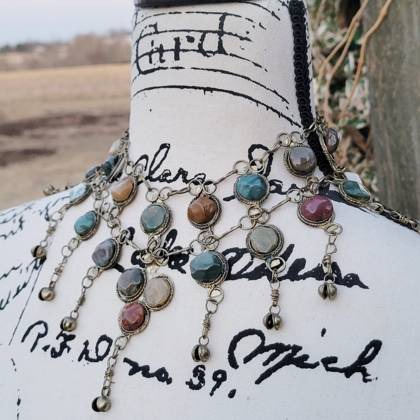 Vintage 70s Bib Necklace 24 Stone Jasper Egyptian Revival Bell Necklace