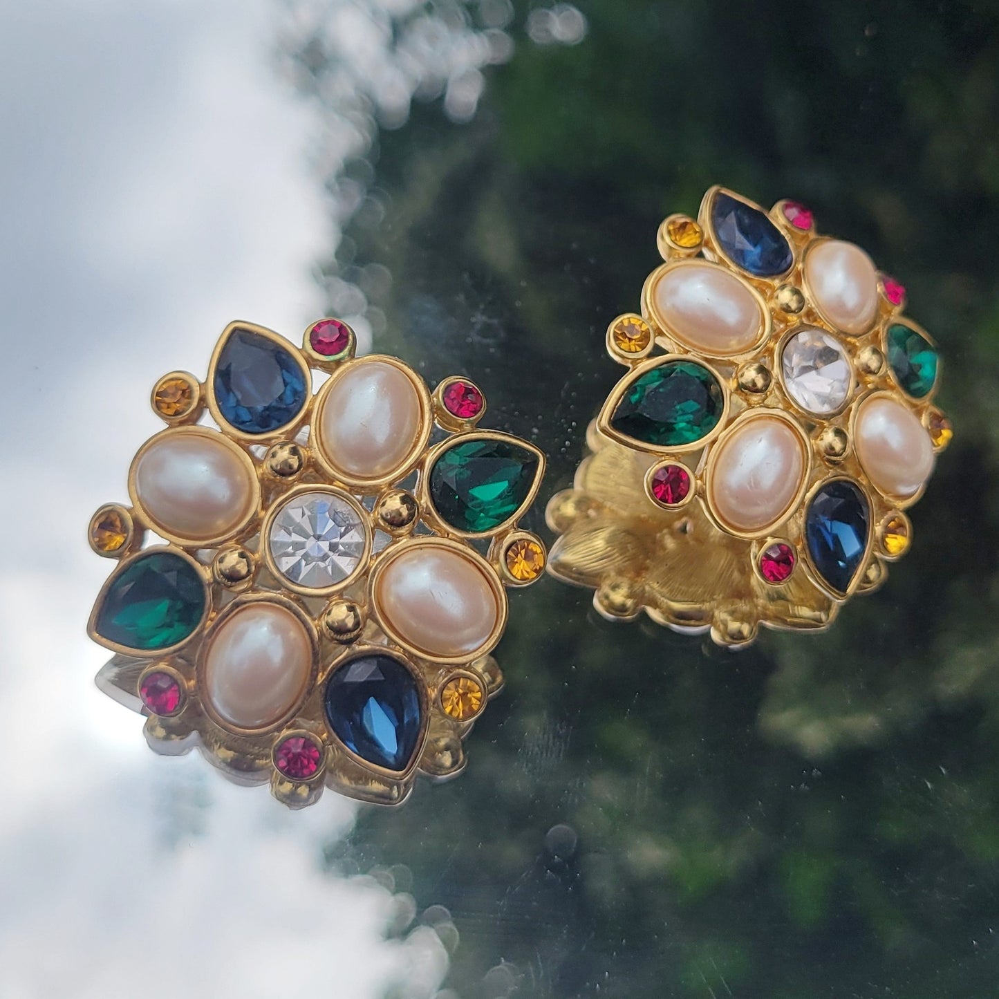 Vintage 80s Monet Faux Pearl and Gem Maltese Cross Look Glam Earrings