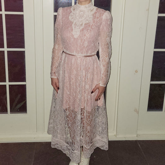 Vintage 80s Sheer Pink Lace Victorian Style Dress