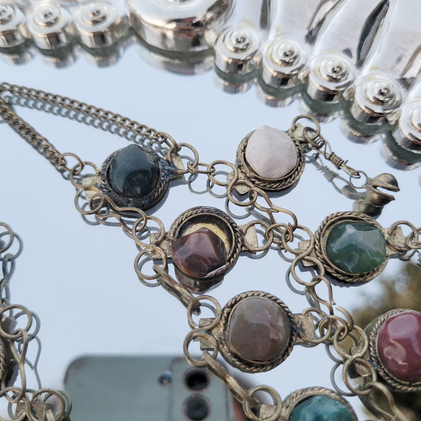 Vintage 70s Bib Necklace 24 Stone Jasper Egyptian Revival Bell Necklace