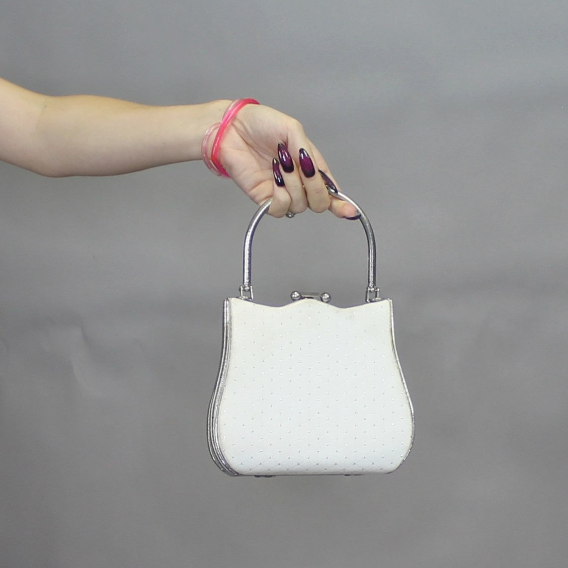 Vintage 60s Framed White Satin Silver Purse