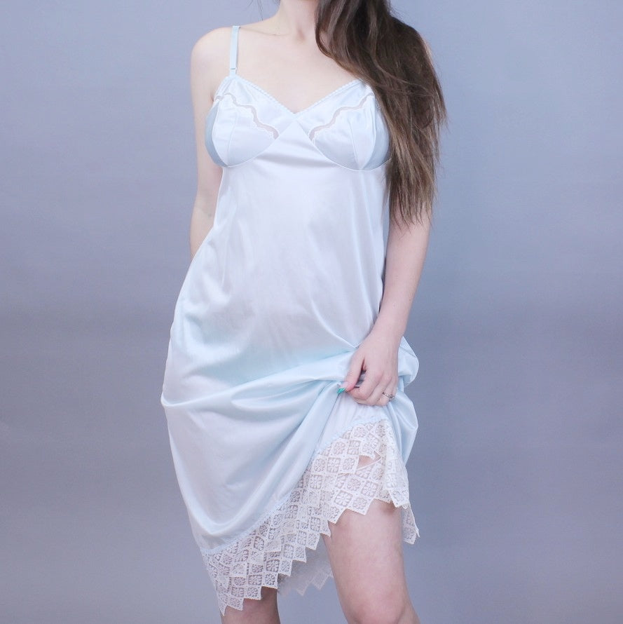 Vintage 70s Pastel Baby Blue Coquette Slip Dress by Vassarette