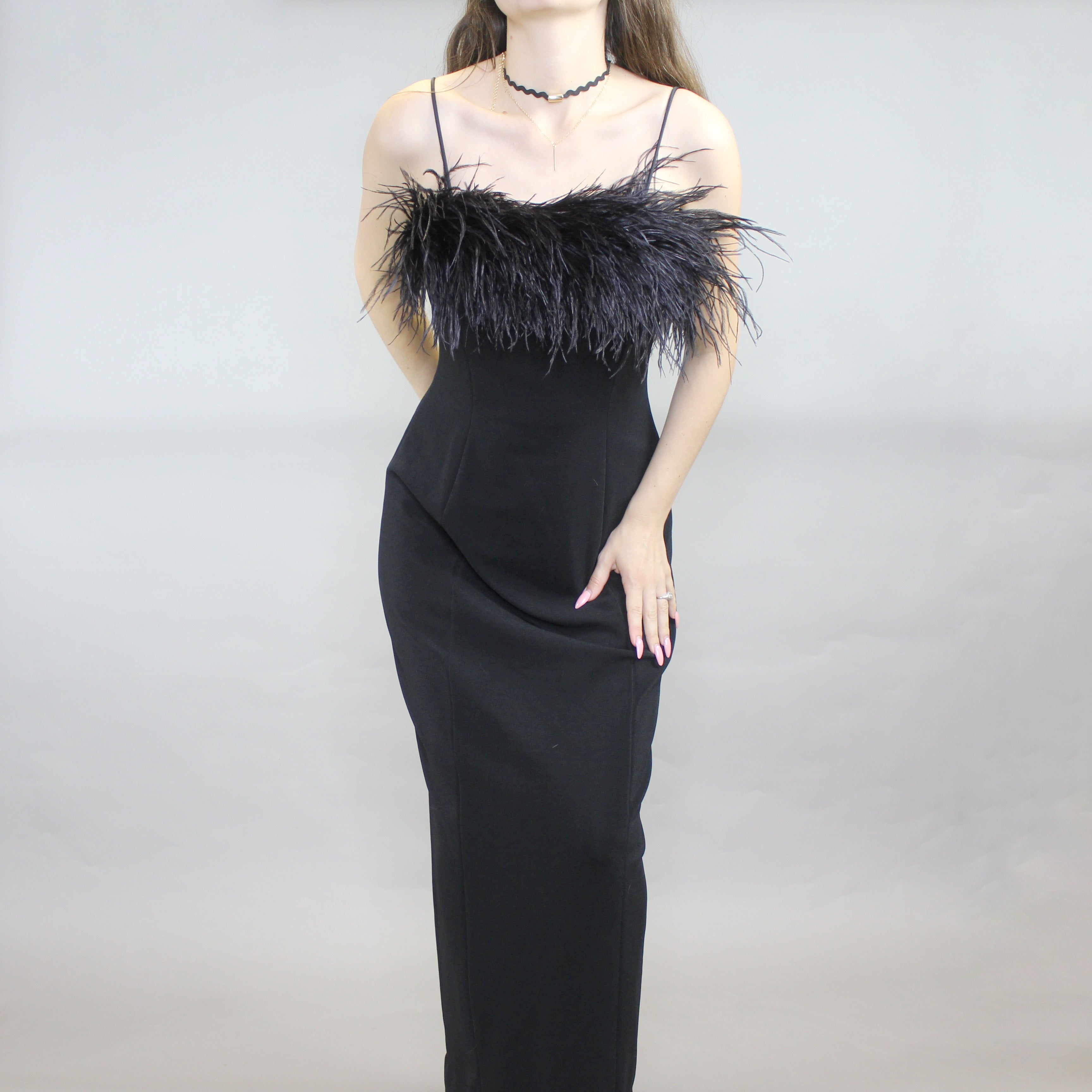 Vintage 90s Ostrich Feather Evening Gown Prom Dress by Alex Evenings