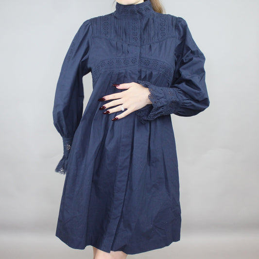 Victorian Style Rebecca Taylor Mock Neck Poplin Lace Applique Shift Dress
