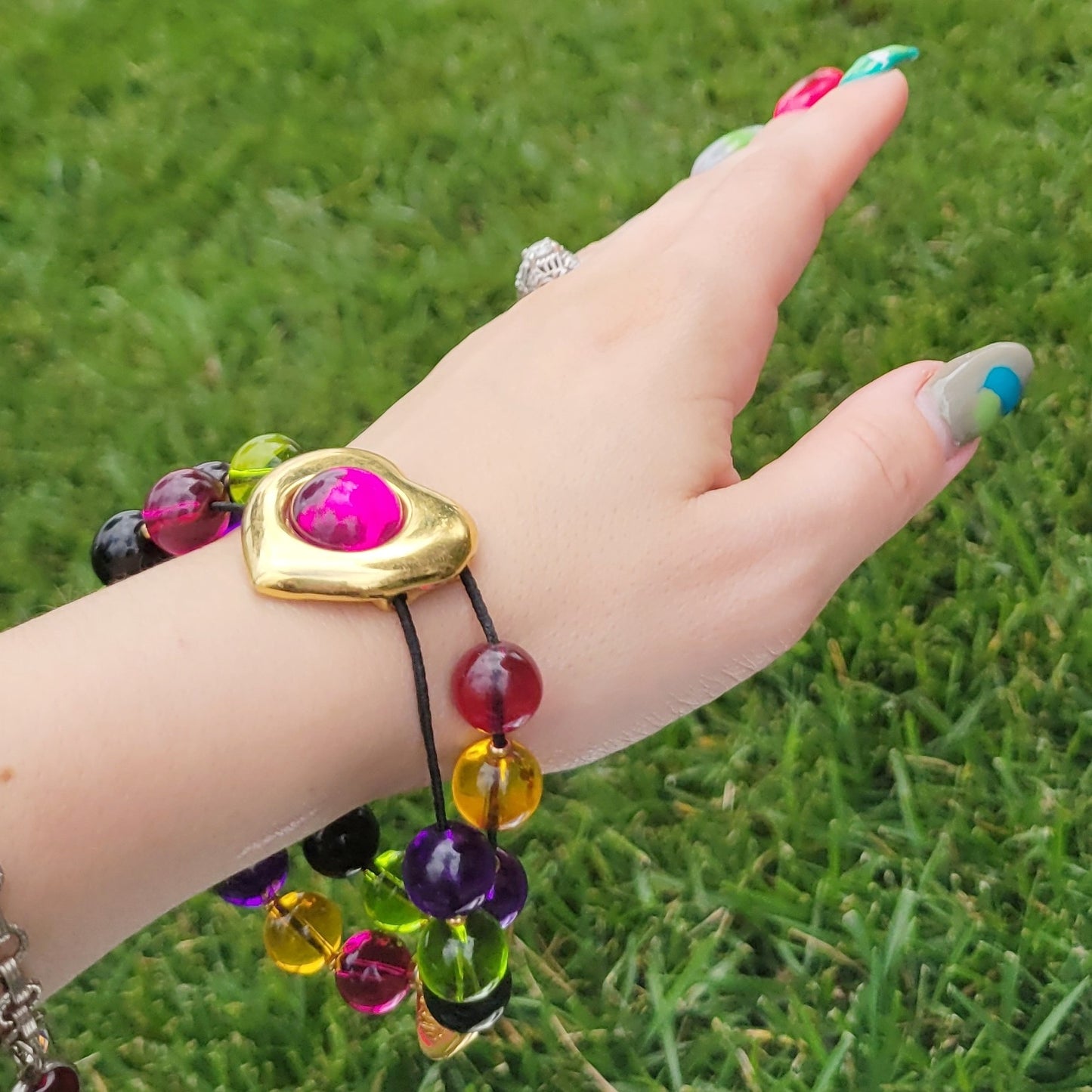 Vintage 80s Funky Colorful Beaded Bracelet with Heart and Liz Claiborne Crest Charms