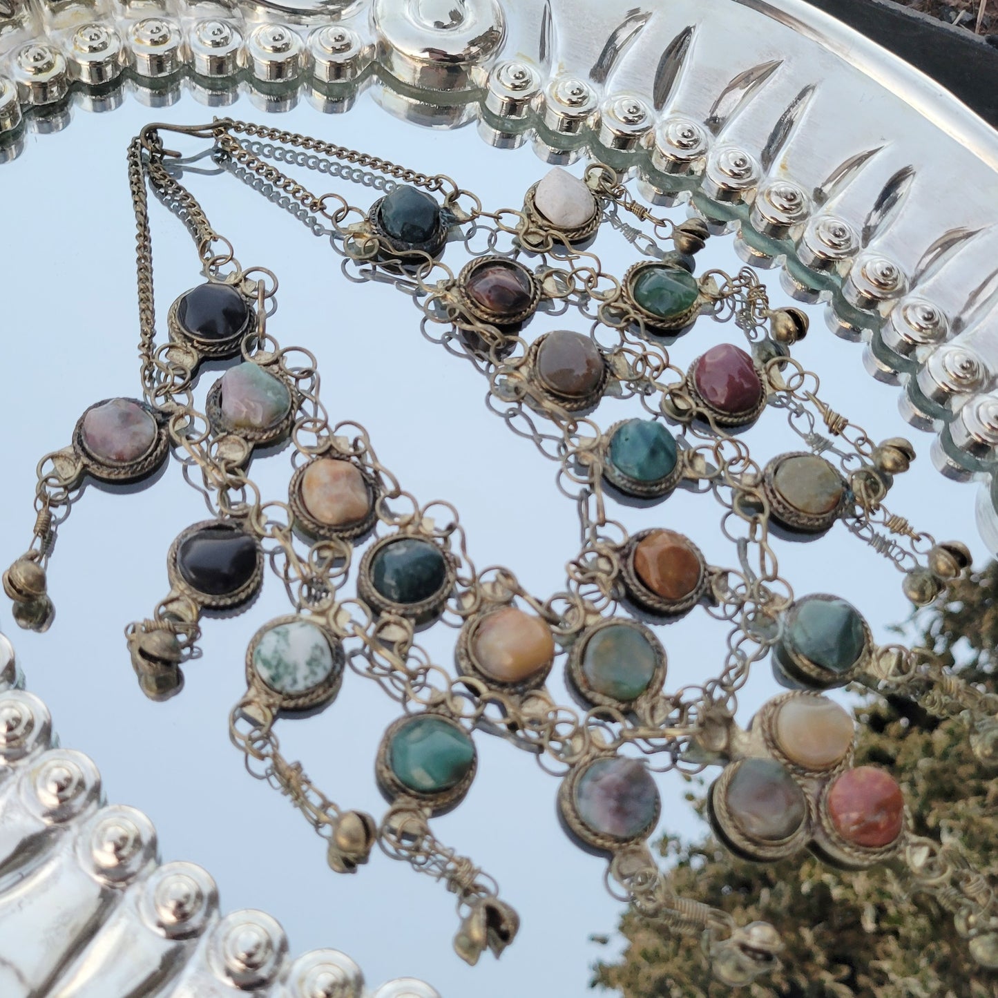 Vintage 70s Bib Necklace 24 Stone Jasper Egyptian Revival Bell Necklace