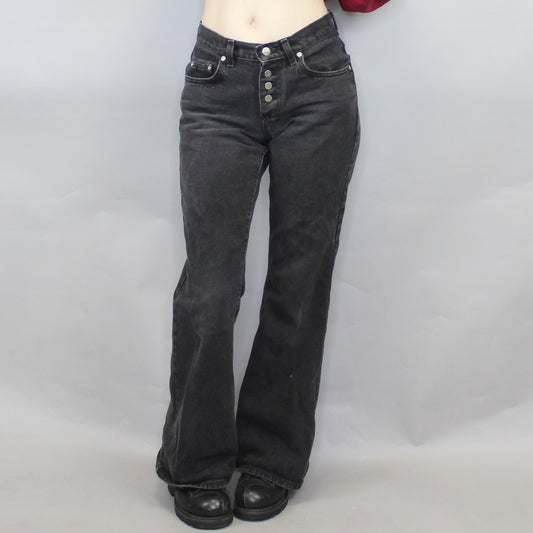Vintage 90s Low Rise Bell Bottom Black Jeans by Lee Riveted
