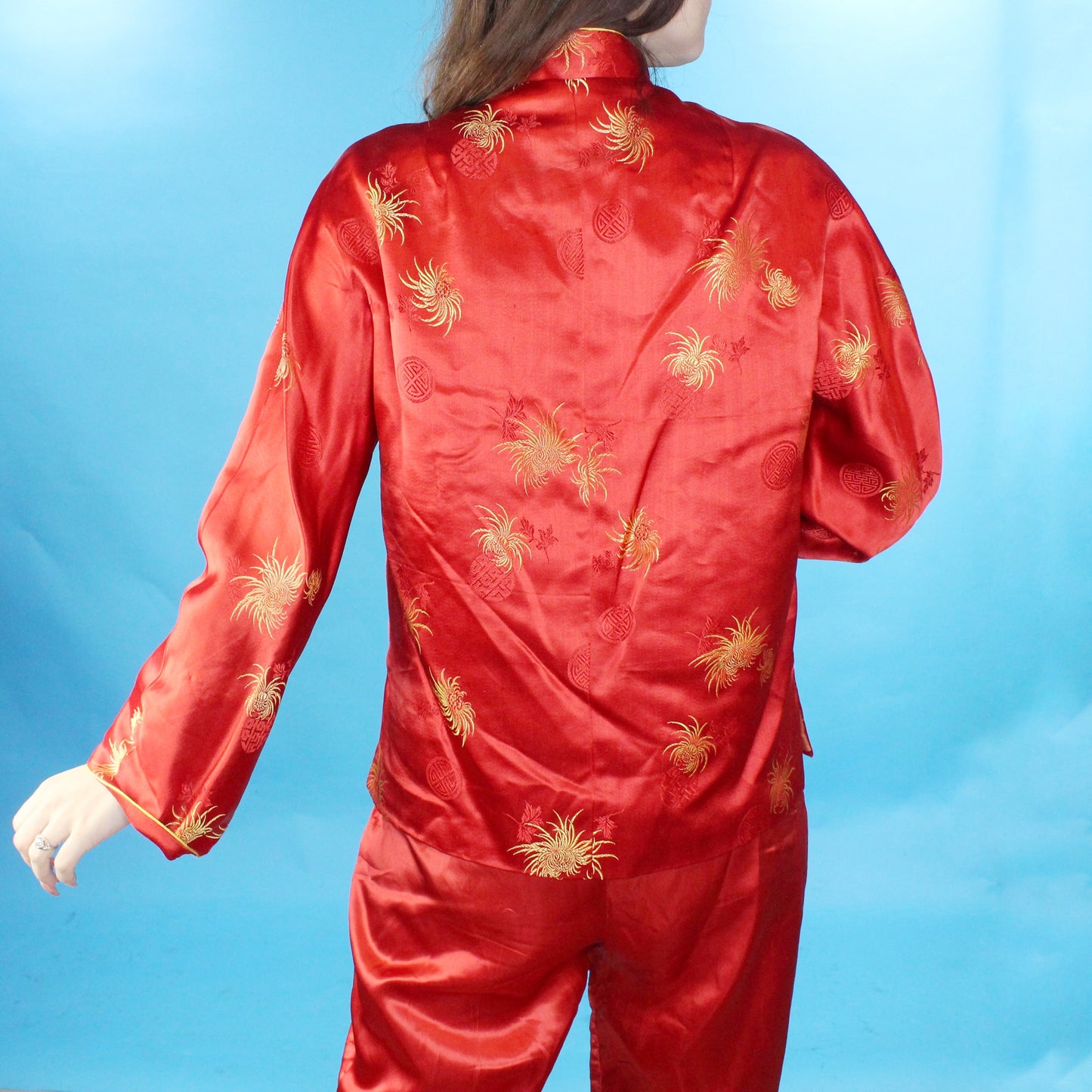 Vintage 70s Red Silky Pant and Jacket Set Handmade in Hong Kong