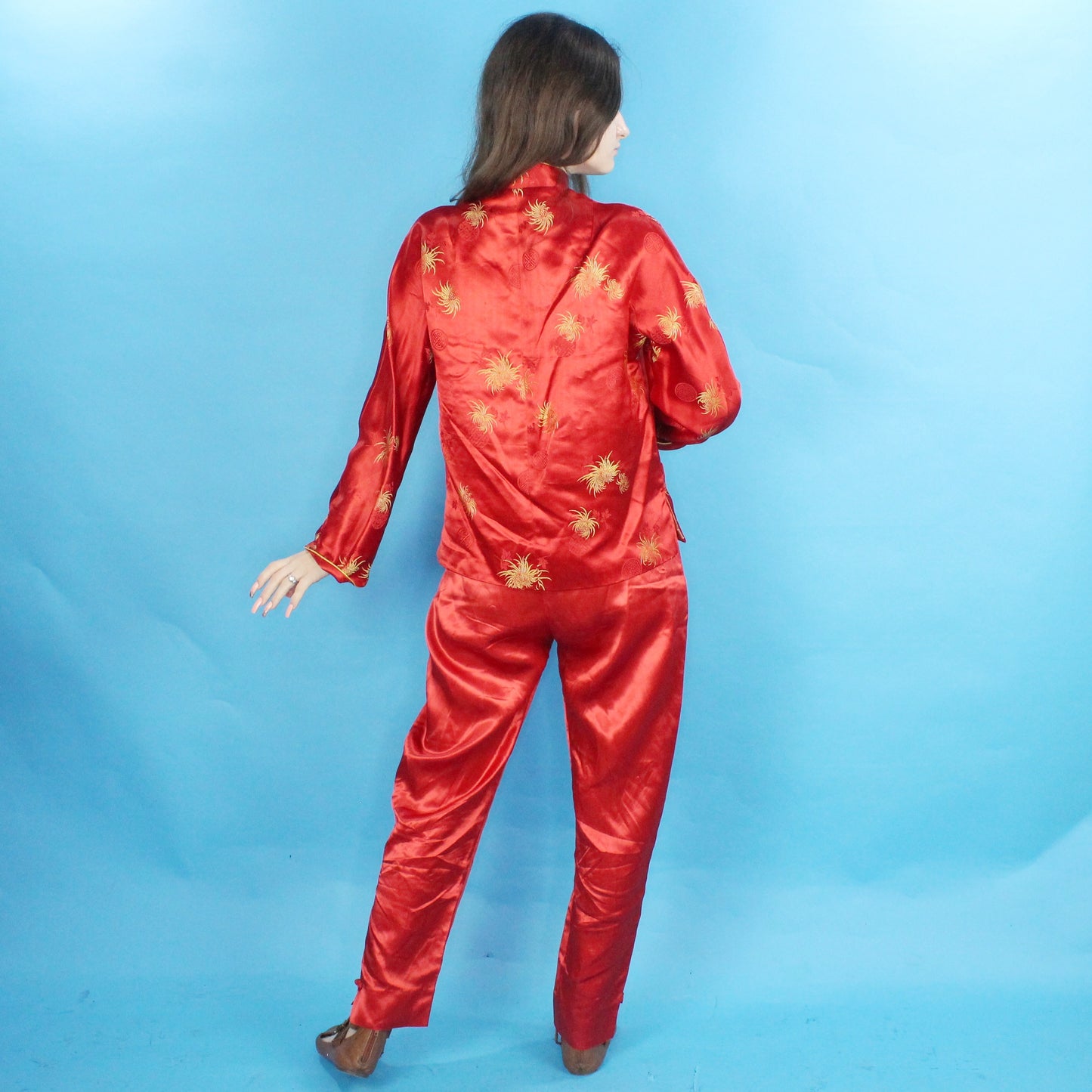 Vintage 70s Red Silky Pant and Jacket Set Handmade in Hong Kong