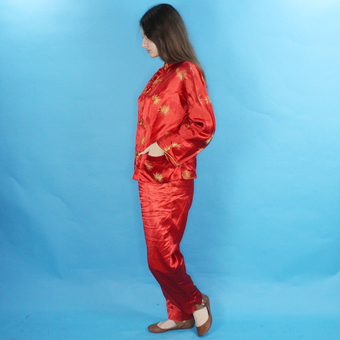 Vintage 70s Red Silky Pant and Jacket Set Handmade in Hong Kong