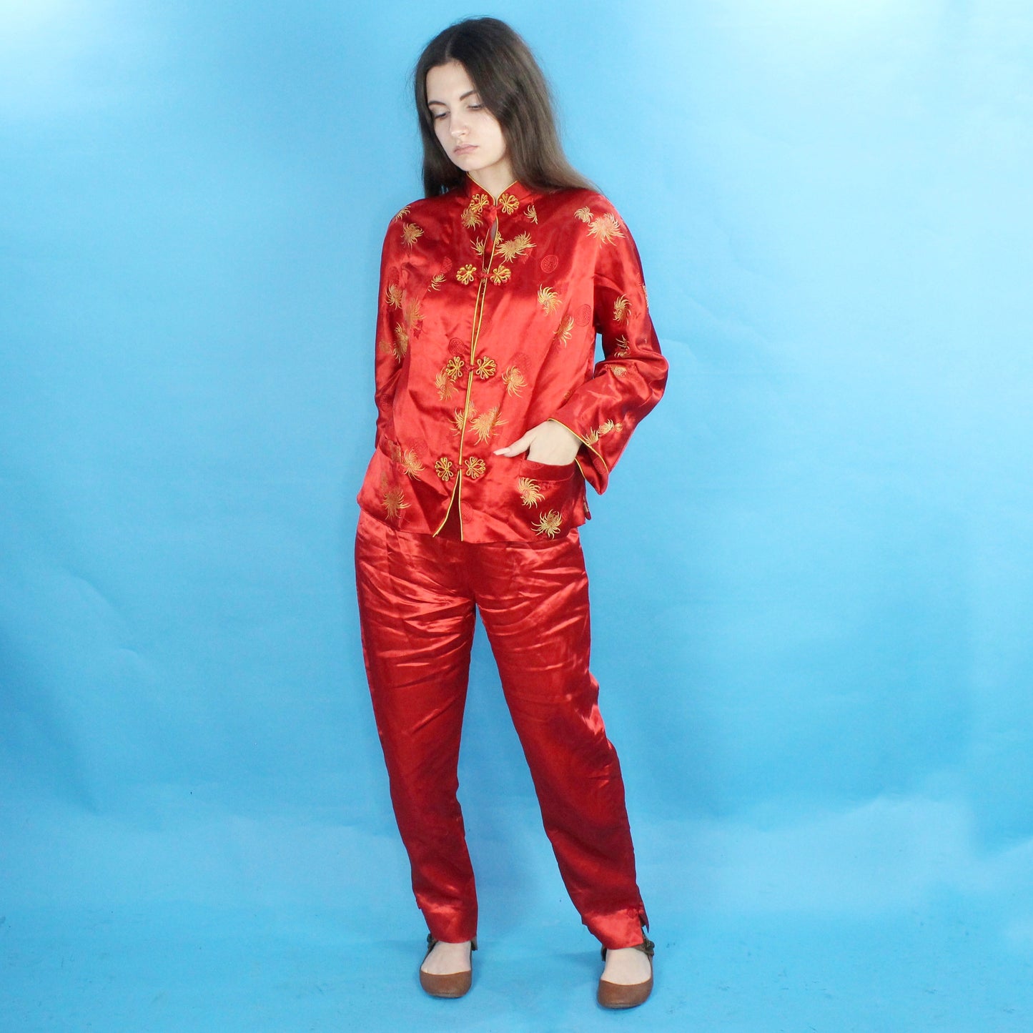 Vintage 70s Red Silky Pant and Jacket Set Handmade in Hong Kong