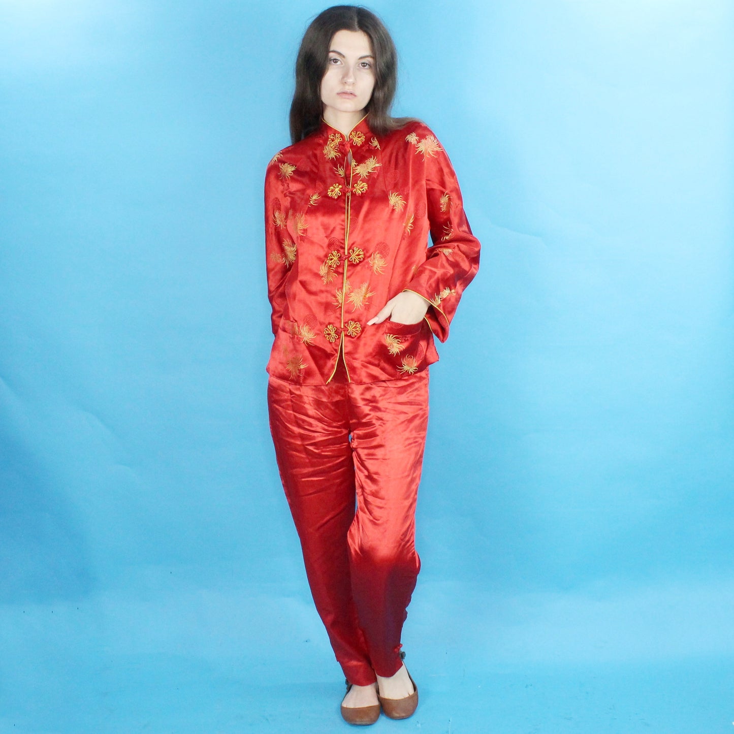 Vintage 70s Red Silky Pant and Jacket Set Handmade in Hong Kong
