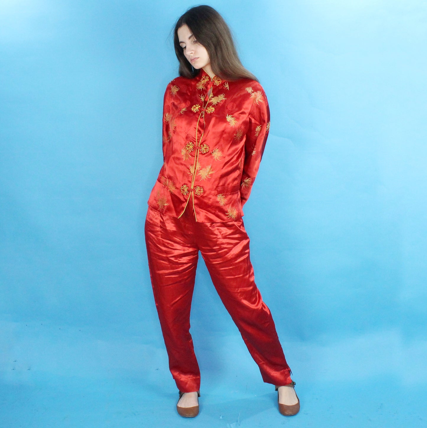 Vintage 70s Red Silky Pant and Jacket Set Handmade in Hong Kong