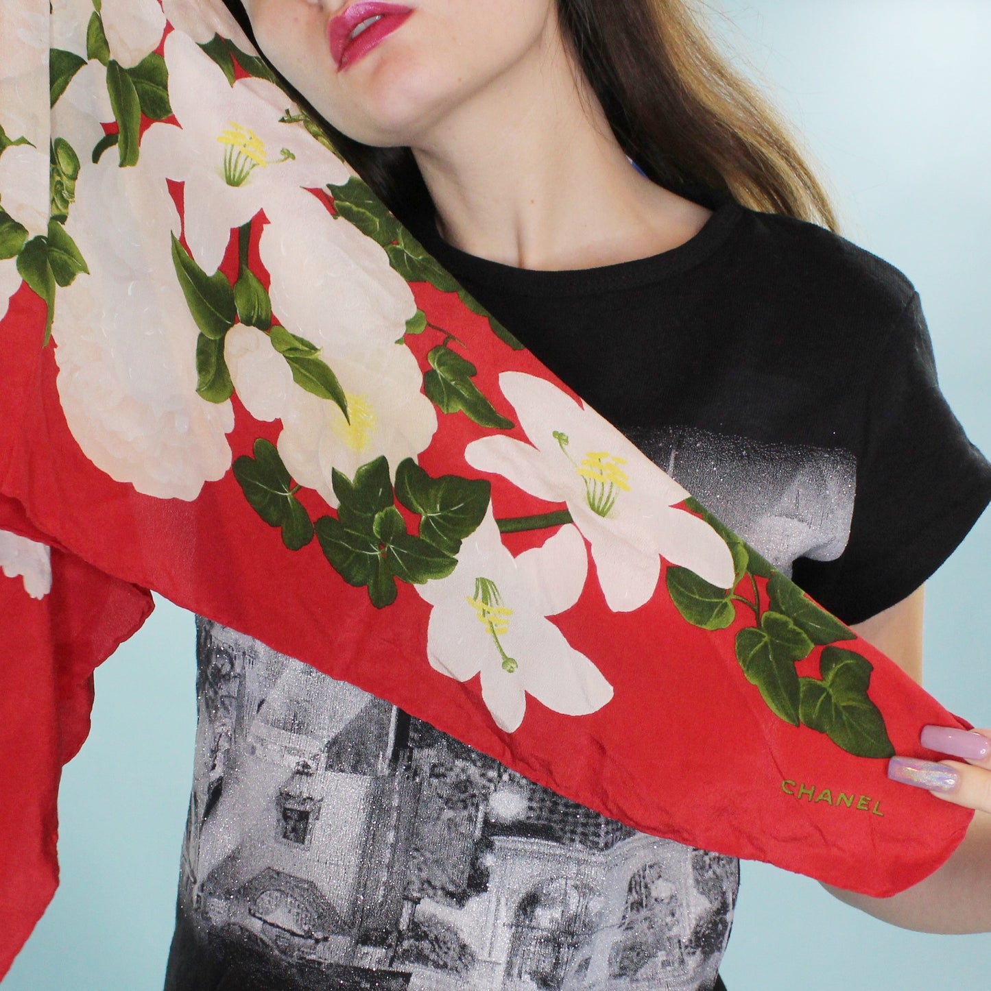 Vintage Y2k Silk Chanel Floral Scarf