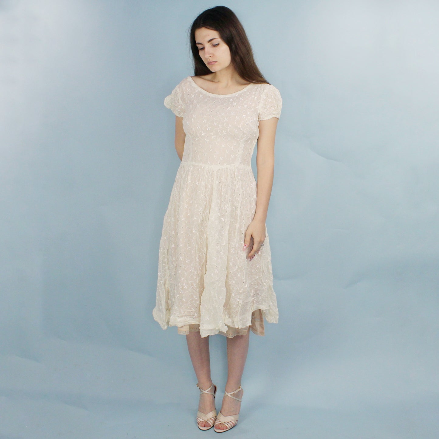 Vintage 40's Sheer Anglaise Lace Midi Dress