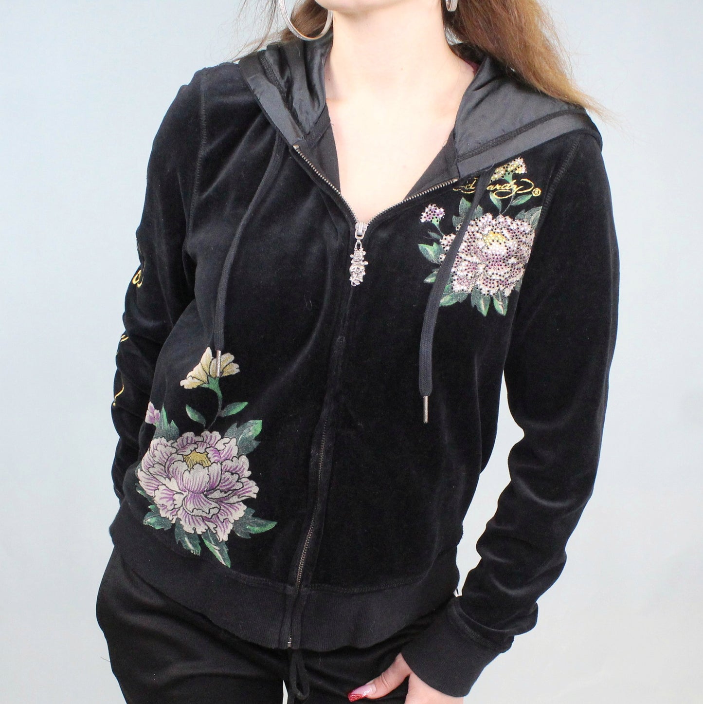 Vintage Y2k Ed Hardy Velour Kiss Of Death Hoodie by Christian Audigier Genuine EH
