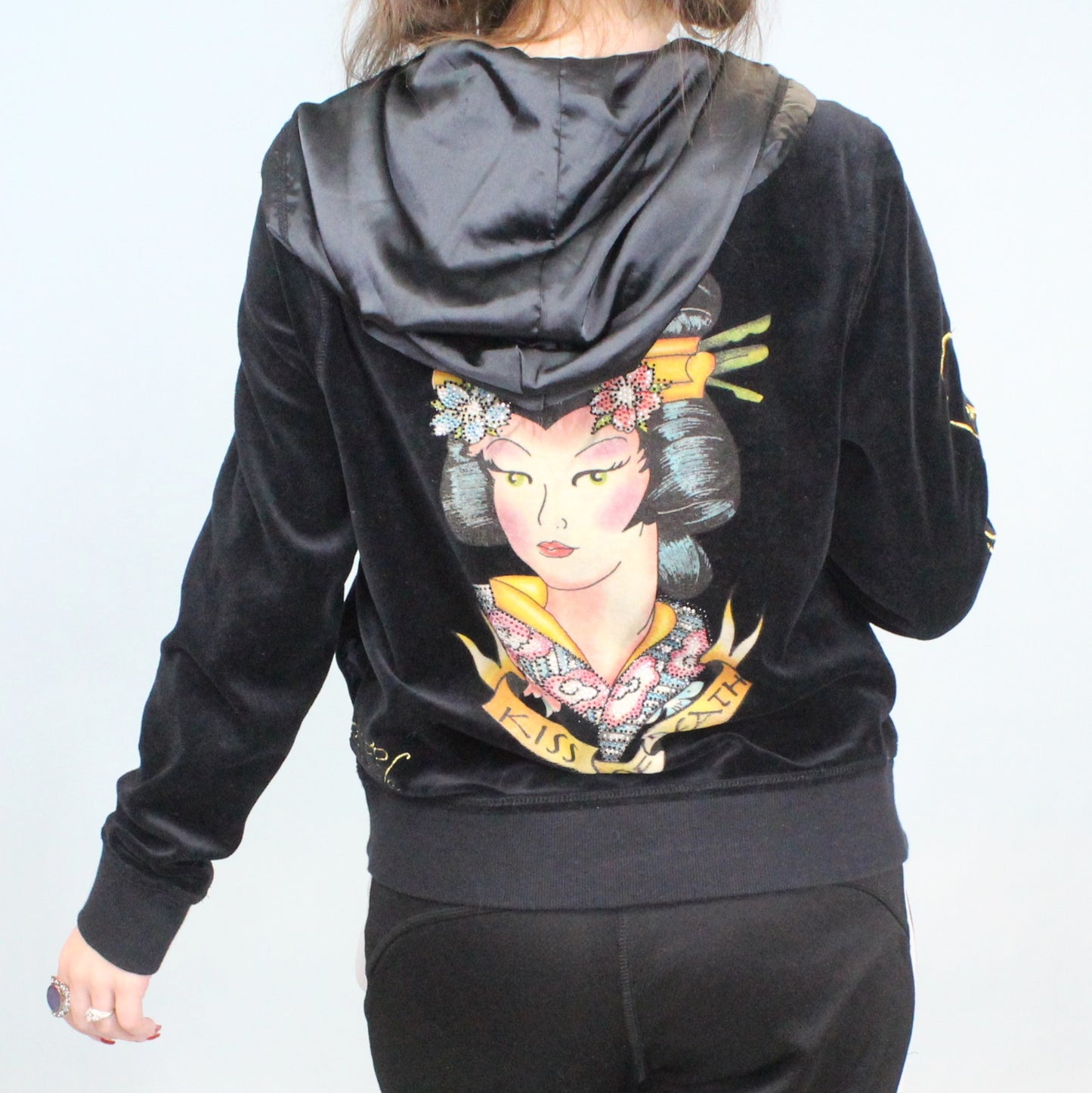 Vintage Y2k Ed Hardy Velour Kiss Of Death Hoodie by Christian Audigier Genuine EH