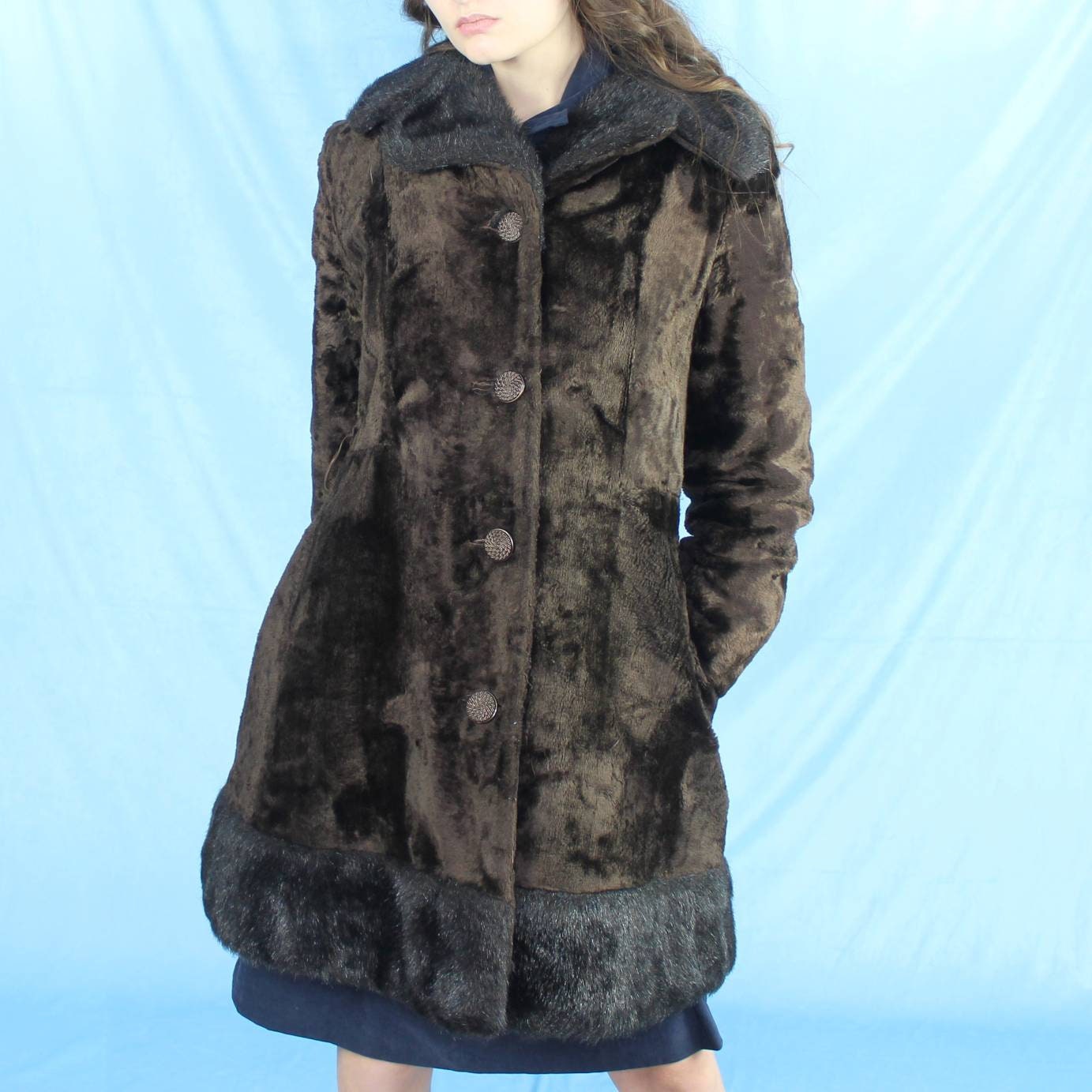 Vintage 70s Faux Fur Coat Groovy Black and Brown Fuzzy Jacket