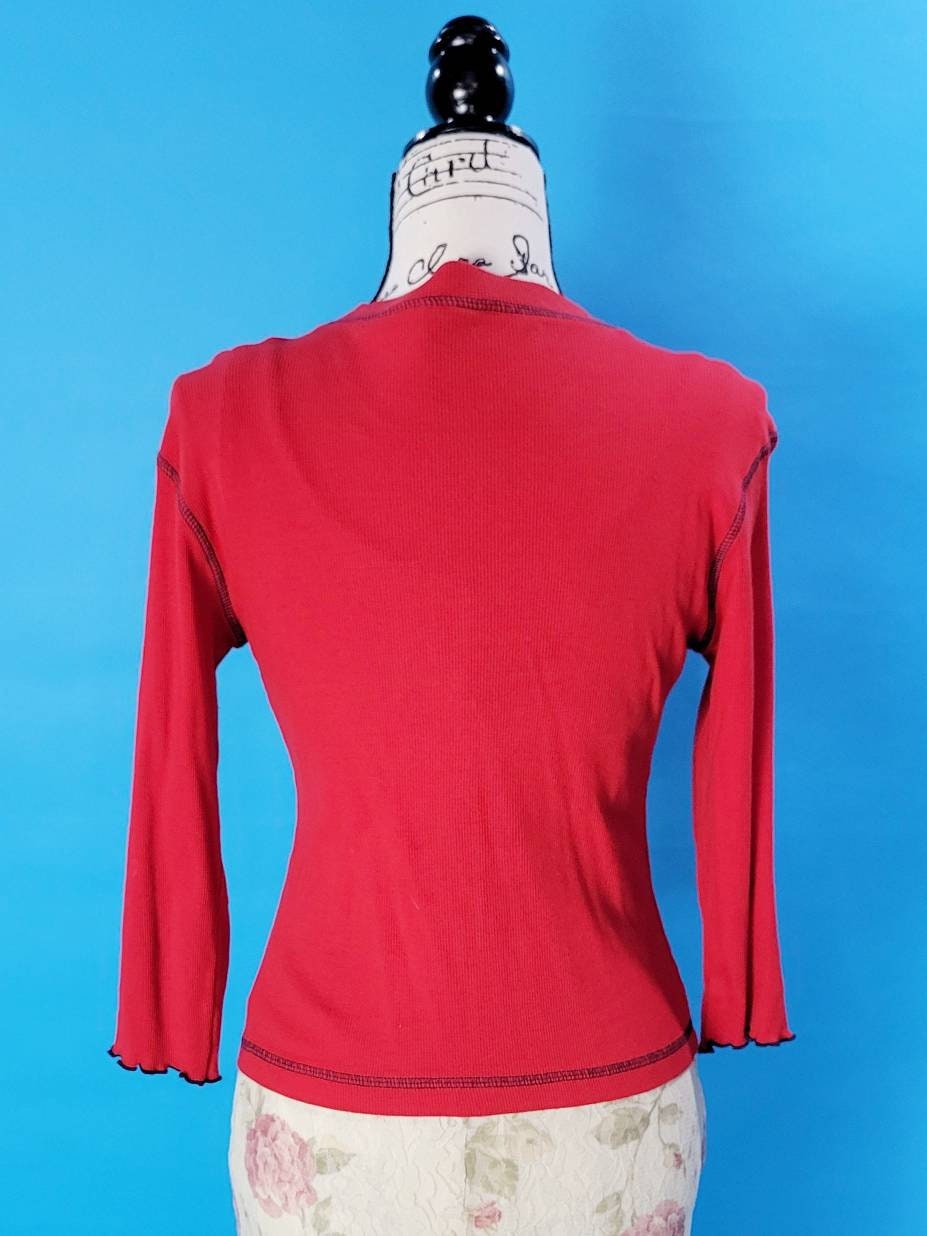 Vintage 90s Shirt/snap up cardigan Red Lettuce Hem top by Clio