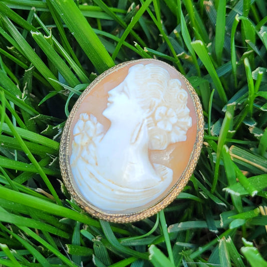 Vintage 40s Carved Shell Cameo Brooch 1/20 10k Gold Filled Signed Amco