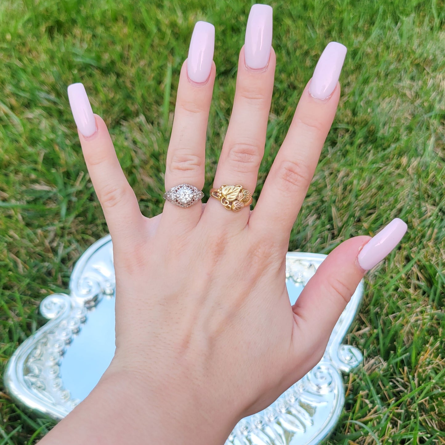 Vintage 70s Tri-Color 10k Gold Etched Grape Leaf Ring by Black Hills Gold