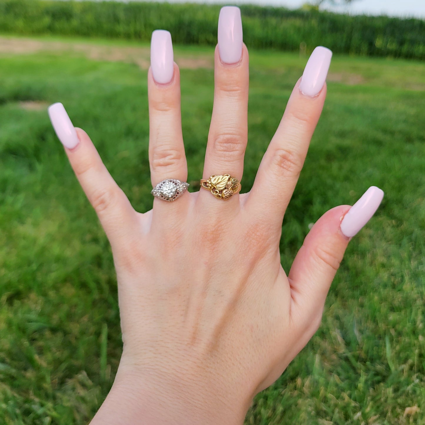 Vintage 70s Tri-Color 10k Gold Etched Grape Leaf Ring by Black Hills Gold