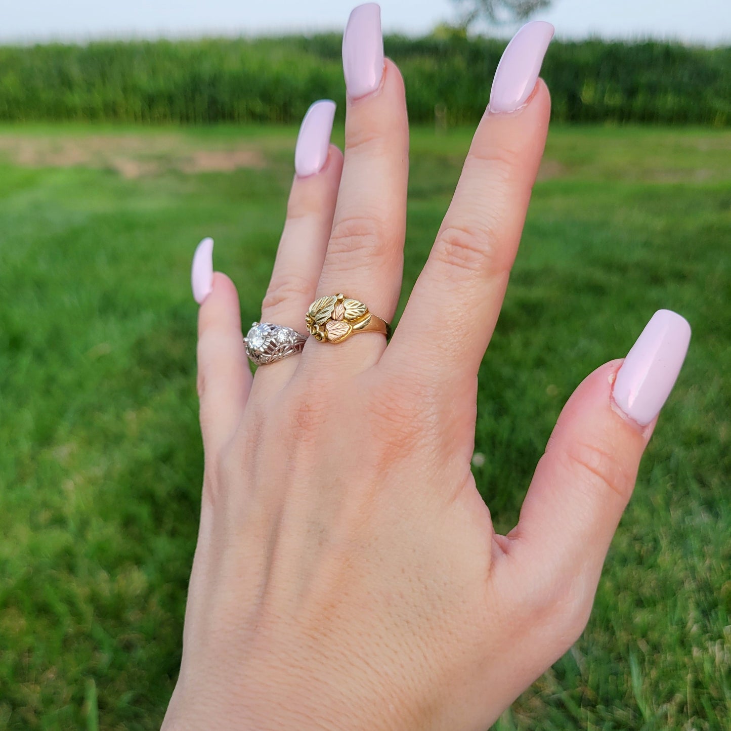 Vintage 70s Tri-Color 10k Gold Etched Grape Leaf Ring by Black Hills Gold