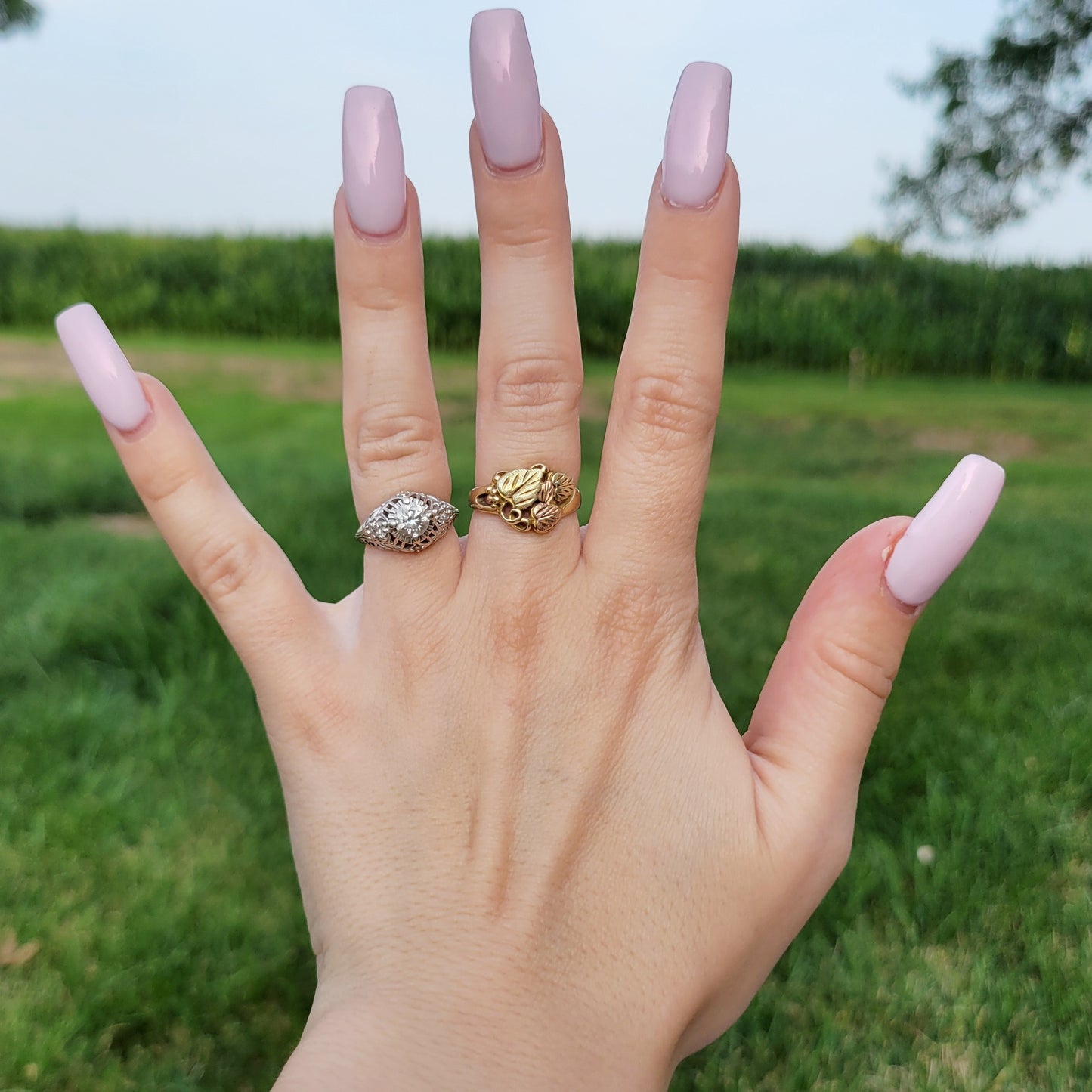 Vintage 70s Tri-Color 10k Gold Etched Grape Leaf Ring by Black Hills Gold