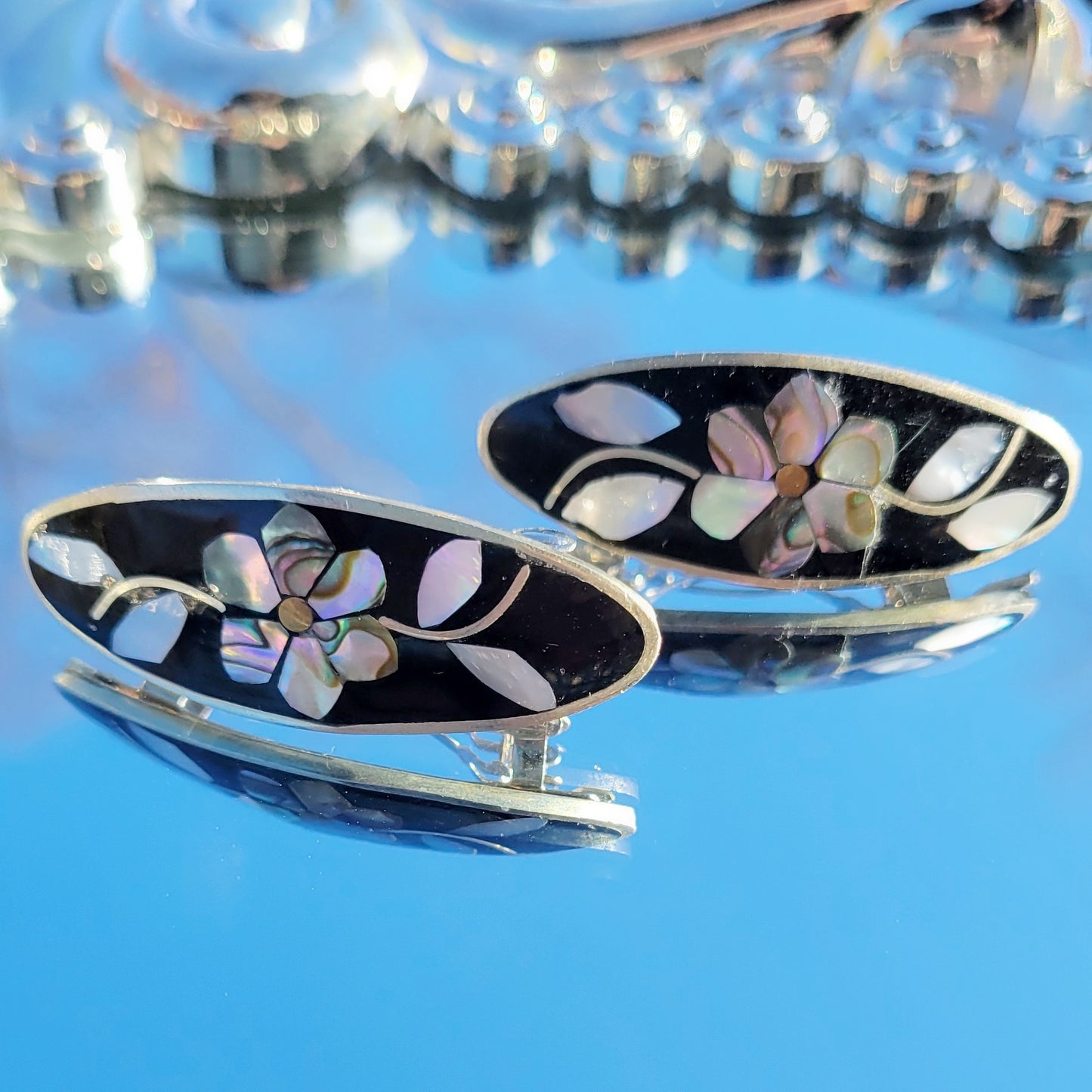 Vintage 80s Abalone Inlay Flower Barrette Set from Alpaca Mexico