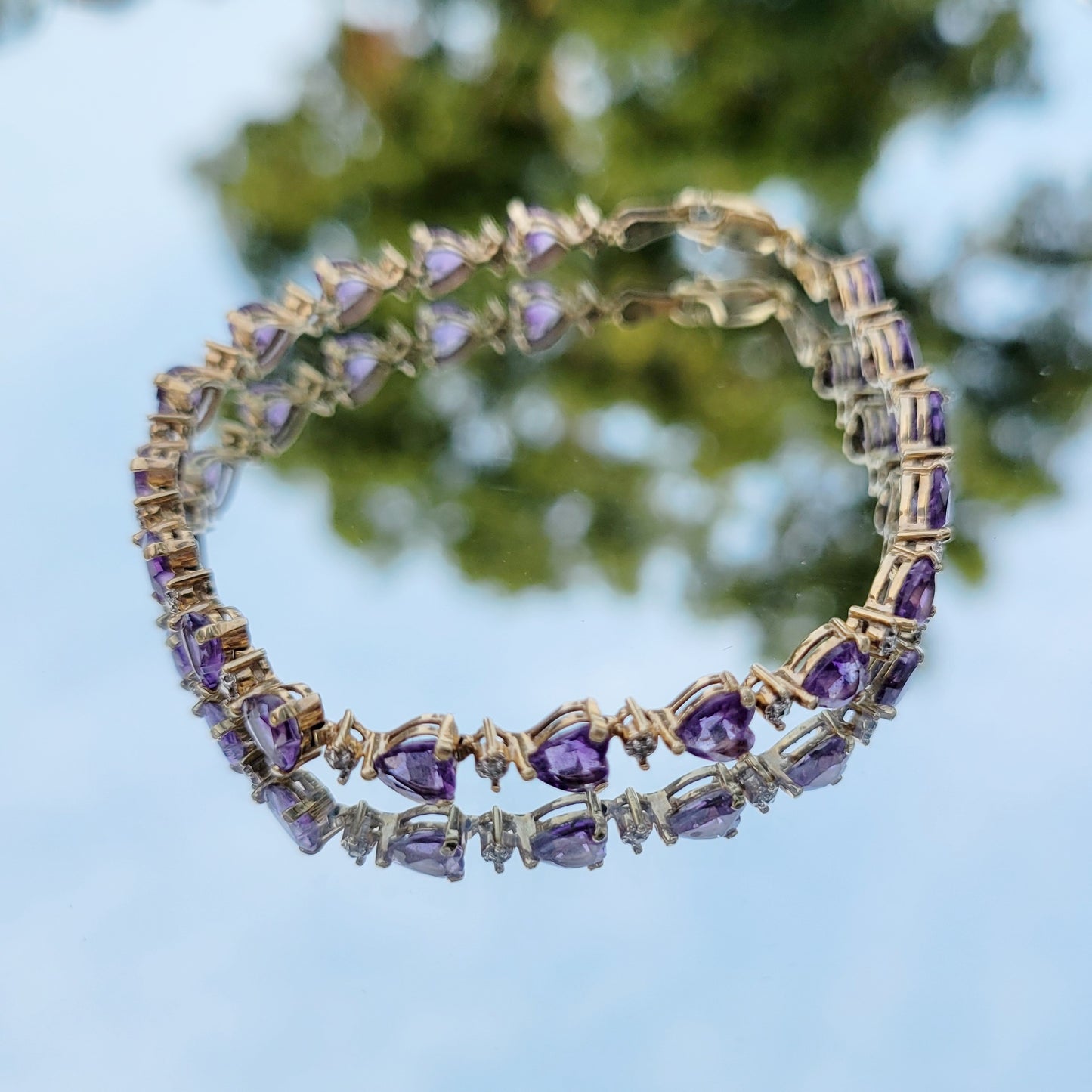 Vintage 90s Amethyst Heart Tennis Bracelet 10K Yellow Gold Signed Bracelet with Diamond Accent